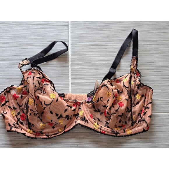 Adore Me Contour Plunge Bra 38DD Floral Embroidered Lace Black & Tan Sheer - Picture 9 of 11